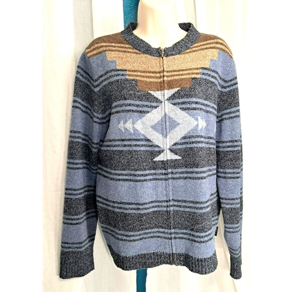 Woolrich Zip Up Sweater Womens Size Large Aztec Blue Brown Aztech Lambs Wool - Picture 1 of 11